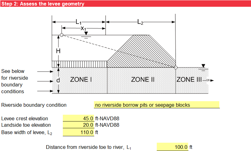 Step 2 of BT Case 5 worksheet: Levee geometry.